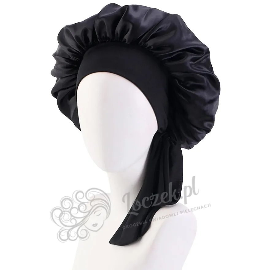 LOCZEK JEDWABNY BONNET (CZEPEK) “CZARNA ORCHIDEA” – delikatne zabezpieczenie włosów, kolor czarny